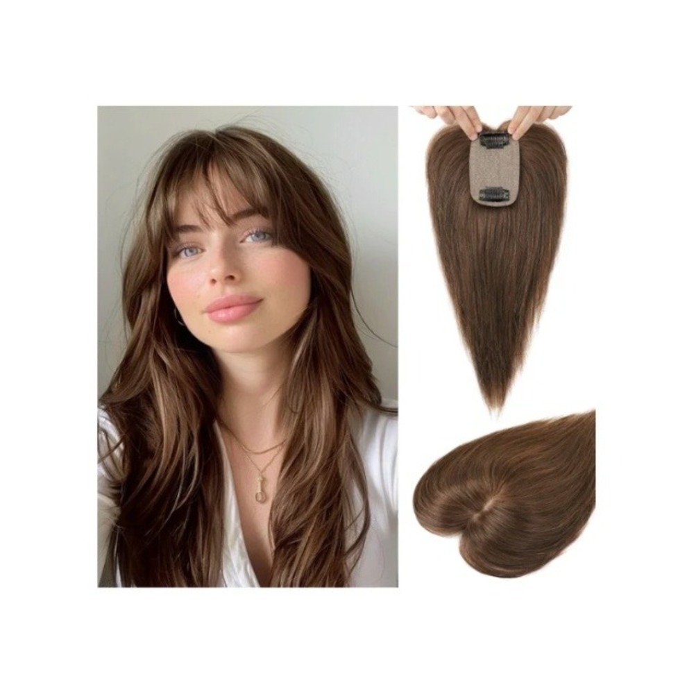 10" Human Hair Topper with Bangs Medium Brown Clip In Hair Extension 3D Base